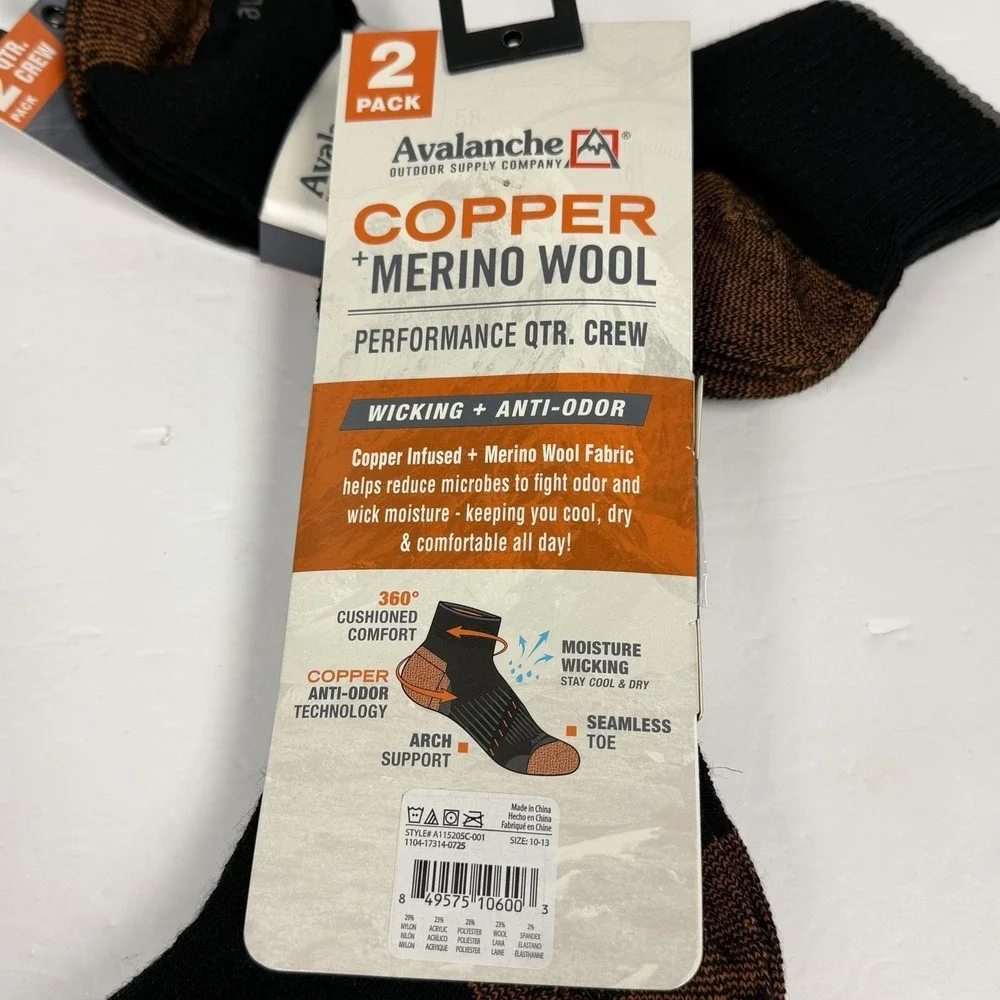 Avalanche Merino Wool Copper Men's‎ Quarter Crew Socks L 6-12 Lot of 4 Pairs